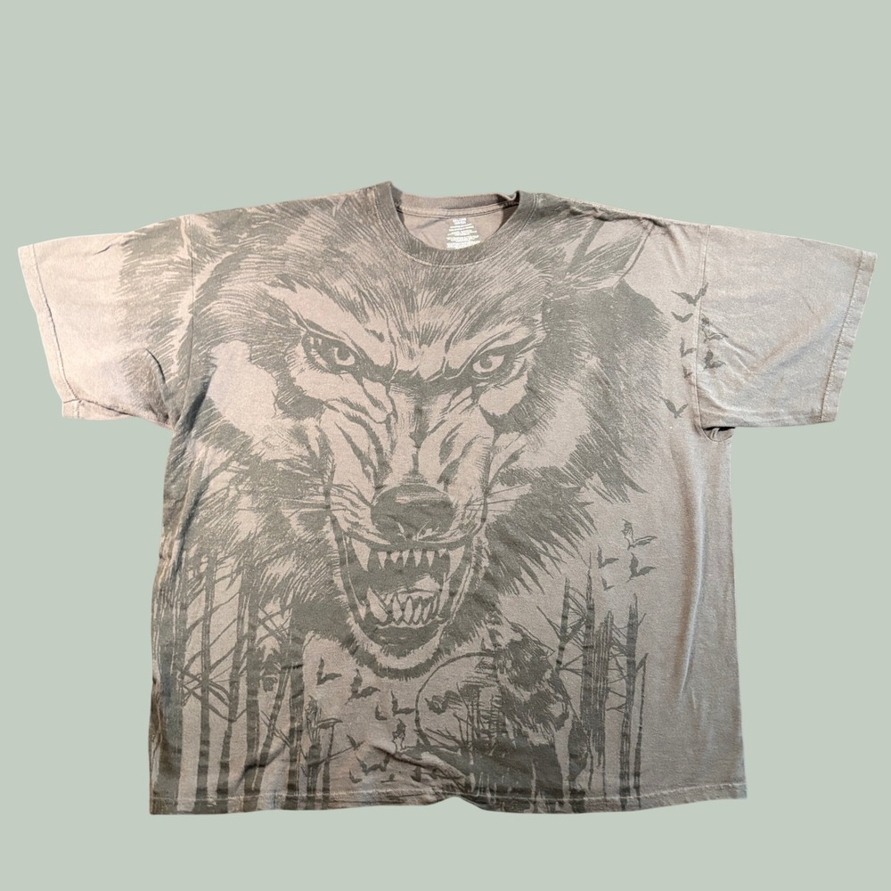 Gildan Mens Wolf Graphic T-Shirt 2XL Charcoal Gray Cotton Short Sleeve Alpha